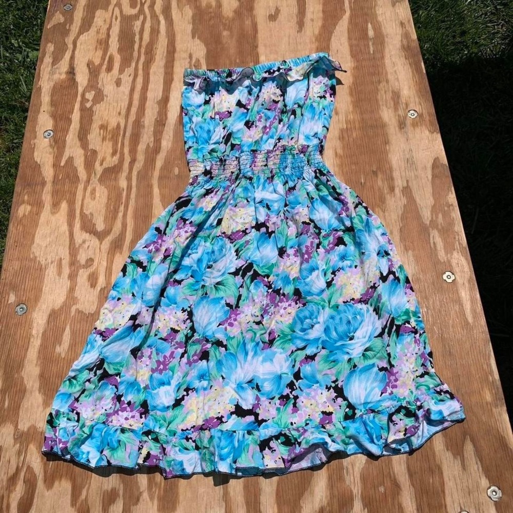 Y2K strapless blue & purple floral summer dress size small Spring summer